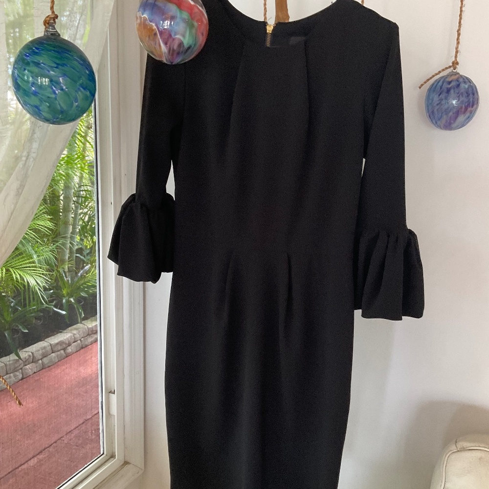 Avery G Classic Black Dress With Pretty Details Like Bell Sleeves, Gold Zipper🖤